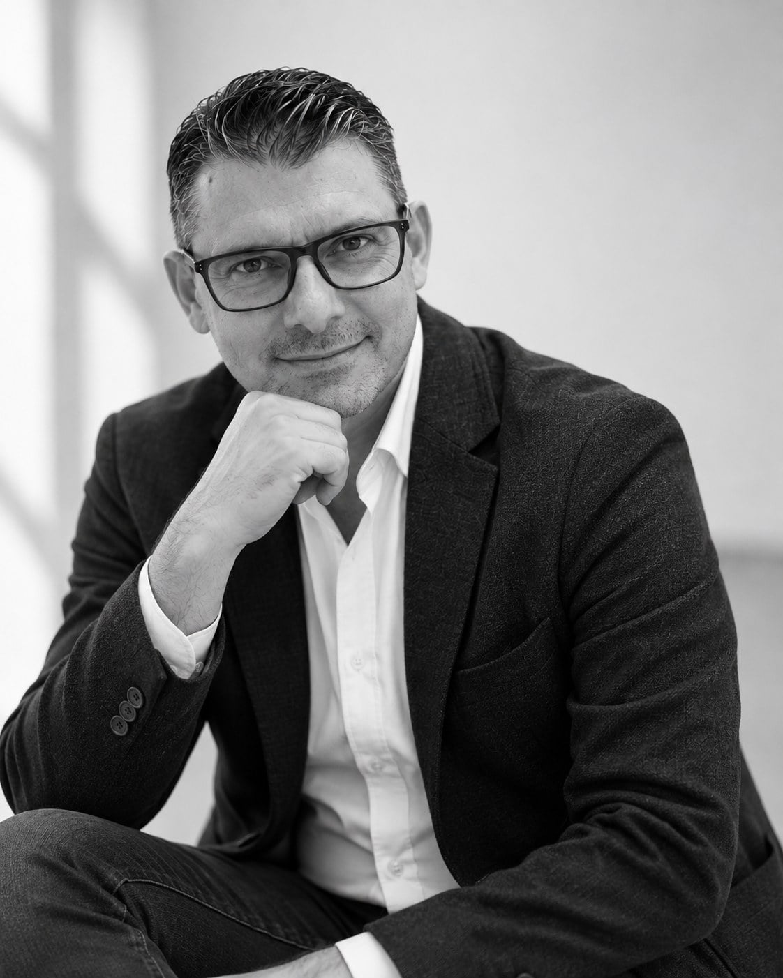 Black-and-white portrait of Kostadin Penchev, seated, in a dark jacket and white shirt.